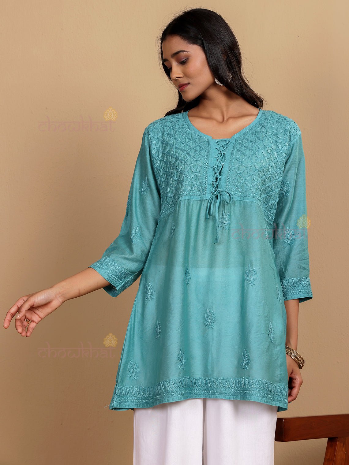 Salma Short Premium Chanderi Chikankari Kurti with Tying Knot - Chowkhat Lifestyle