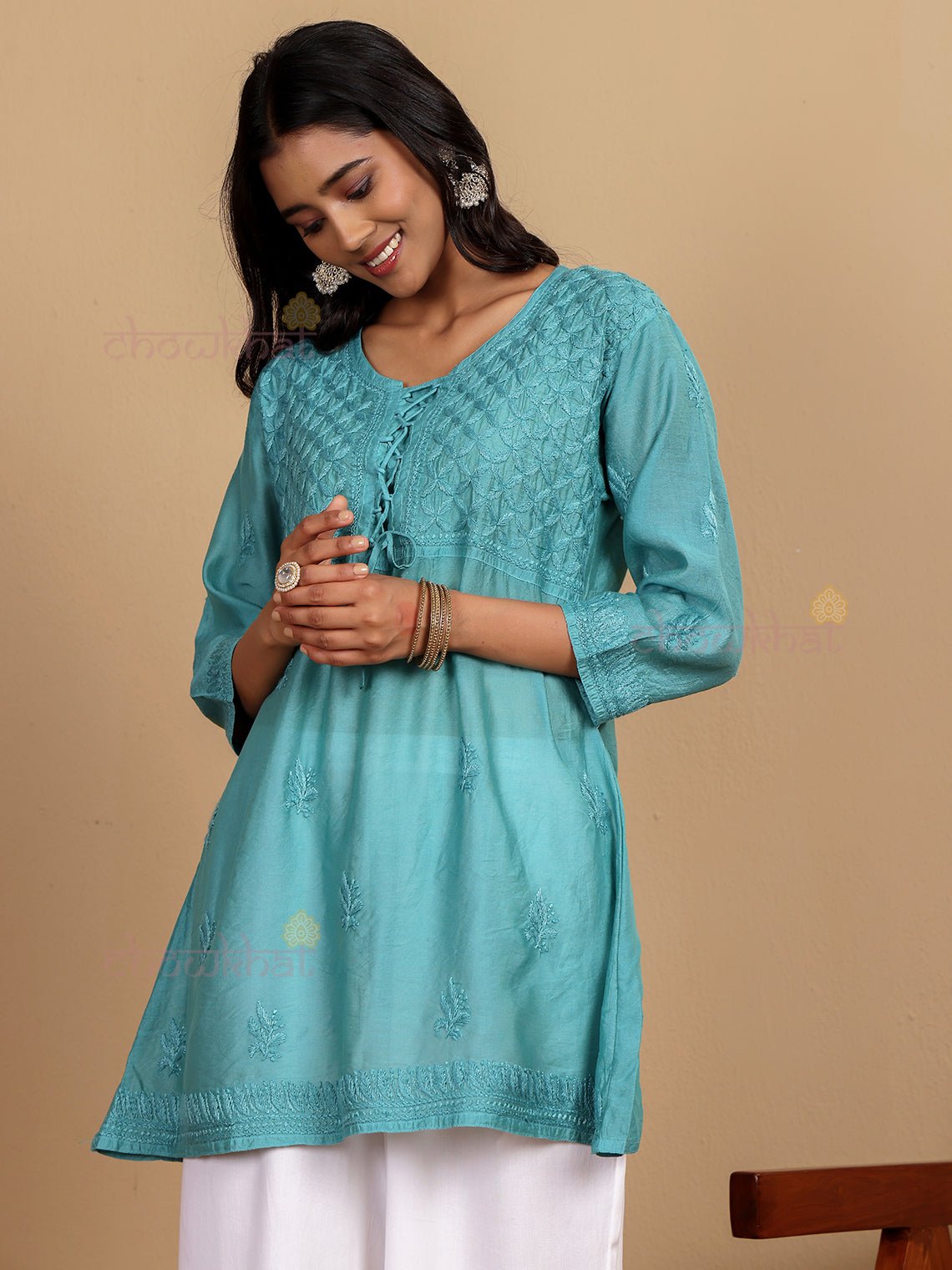 Salma Short Premium Chanderi Chikankari Kurti with Tying Knot - Chowkhat Lifestyle