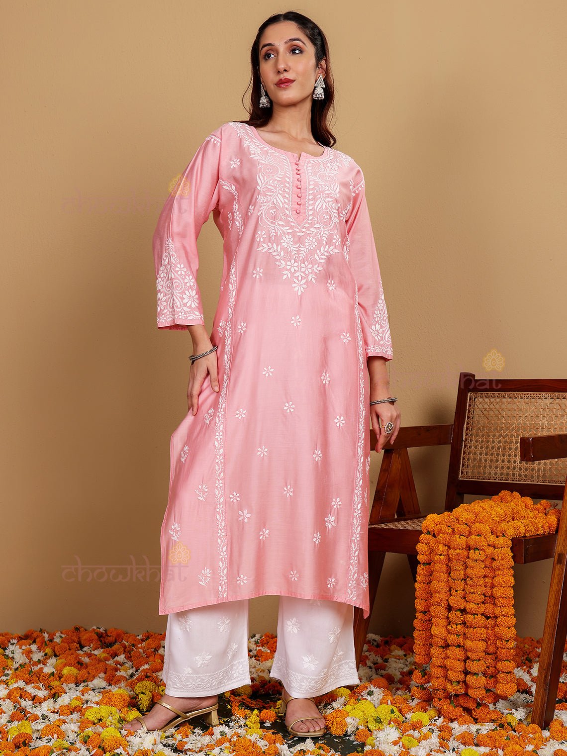 Misha Premium Chanderi Long Chikankari Kurti - Chowkhat Lifestyle