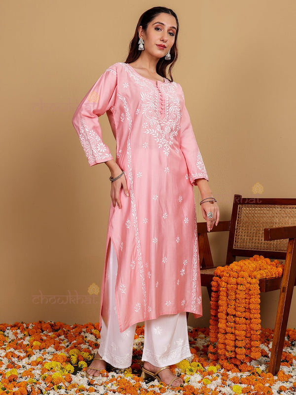 Misha Premium Chanderi Long Chikankari Kurti - Chowkhat Lifestyle