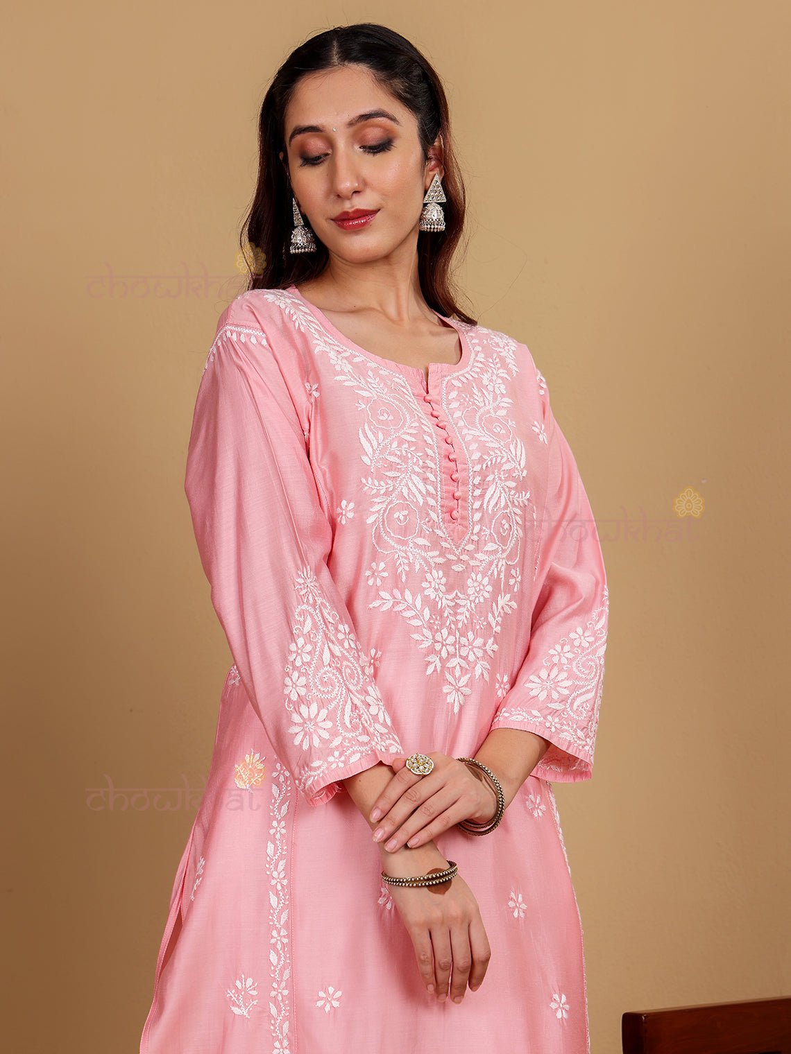 Misha Premium Chanderi Long Chikankari Kurti - Chowkhat Lifestyle