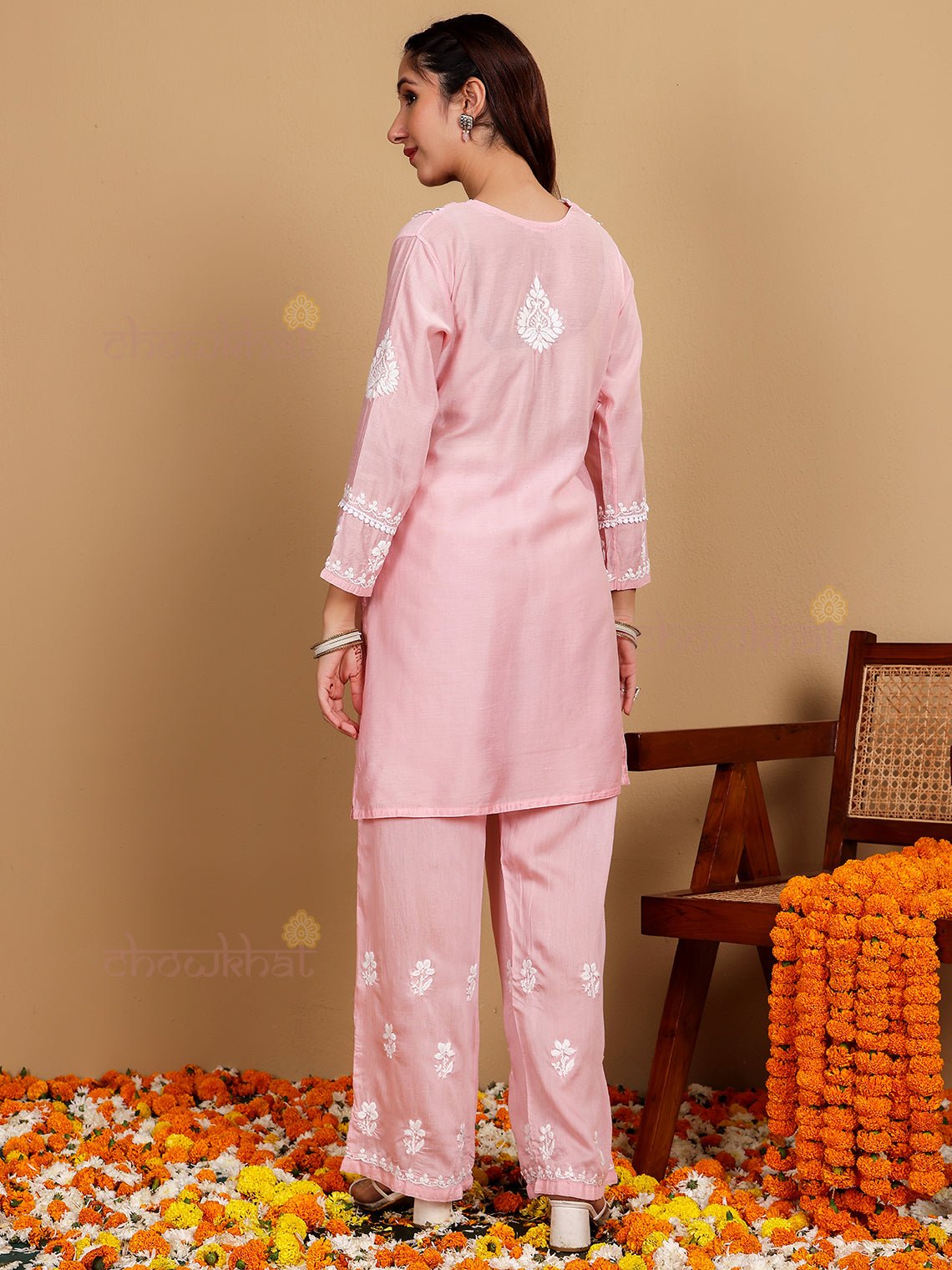 Afreen Premium Chanderi Chikankari Kurti & Palazzo Set with Lace Detaling - Chowkhat Lifestyle