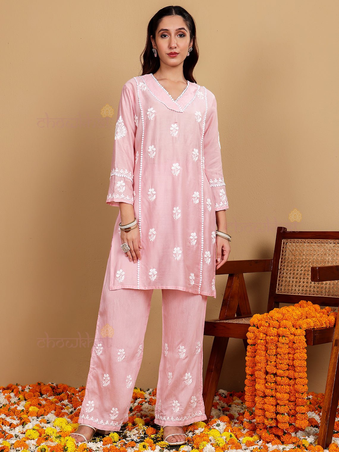 Afreen Premium Chanderi Chikankari Kurti & Palazzo Set with Lace Detaling - Chowkhat Lifestyle