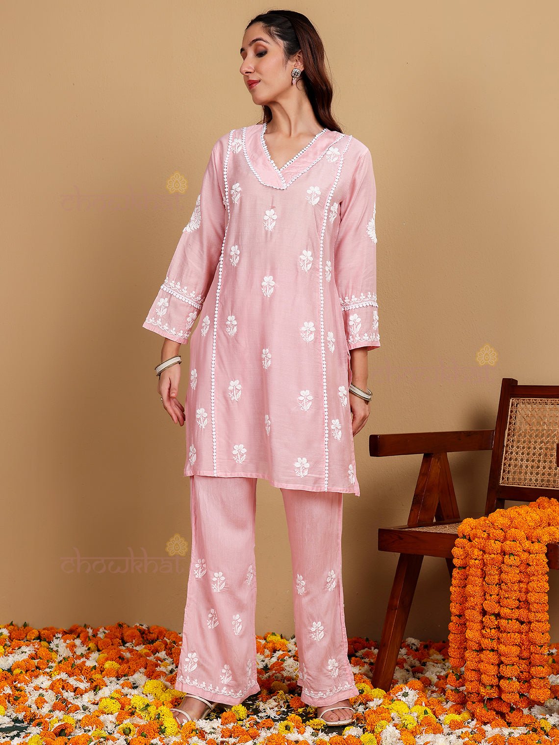 Afreen Premium Chanderi Chikankari Kurti & Palazzo Set with Lace Detaling - Chowkhat Lifestyle