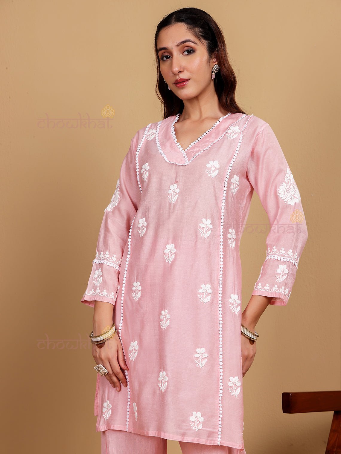 Afreen Premium Chanderi Chikankari Kurti & Palazzo Set with Lace Detaling - Chowkhat Lifestyle