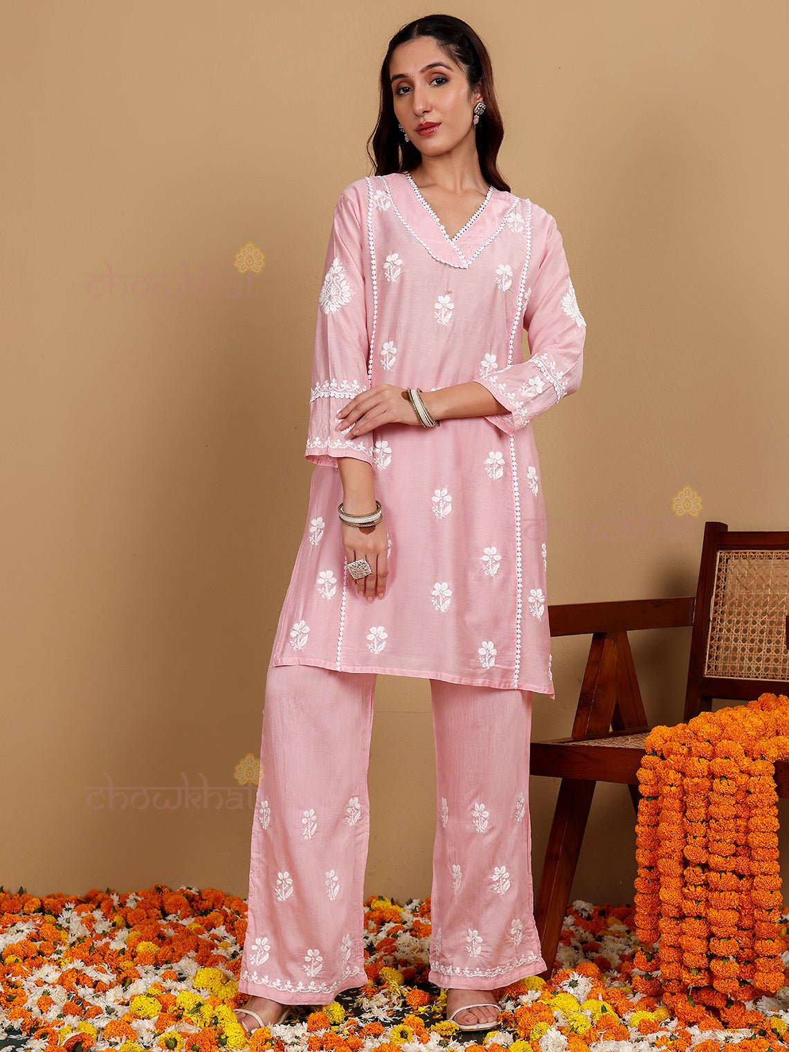 Afreen Premium Chanderi Chikankari Kurti & Palazzo Set with Lace Detaling - Chowkhat Lifestyle