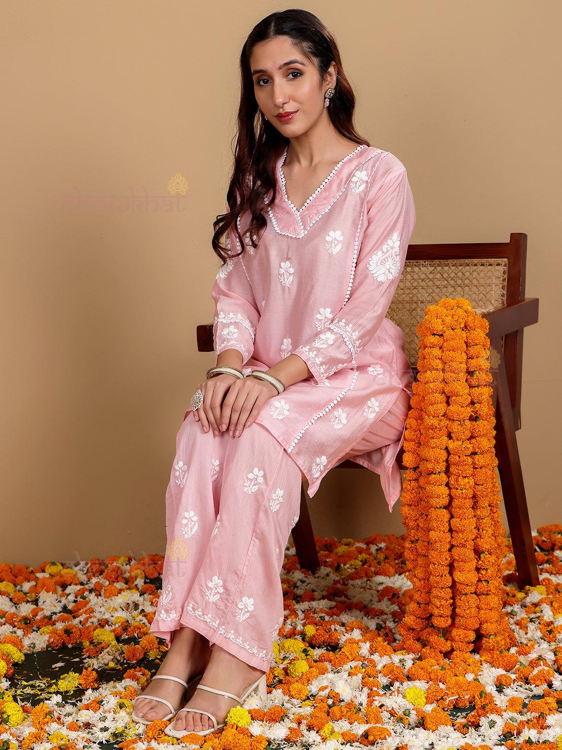 Afreen Premium Chanderi Chikankari Kurti & Palazzo Set with Lace Detaling - Chowkhat Lifestyle