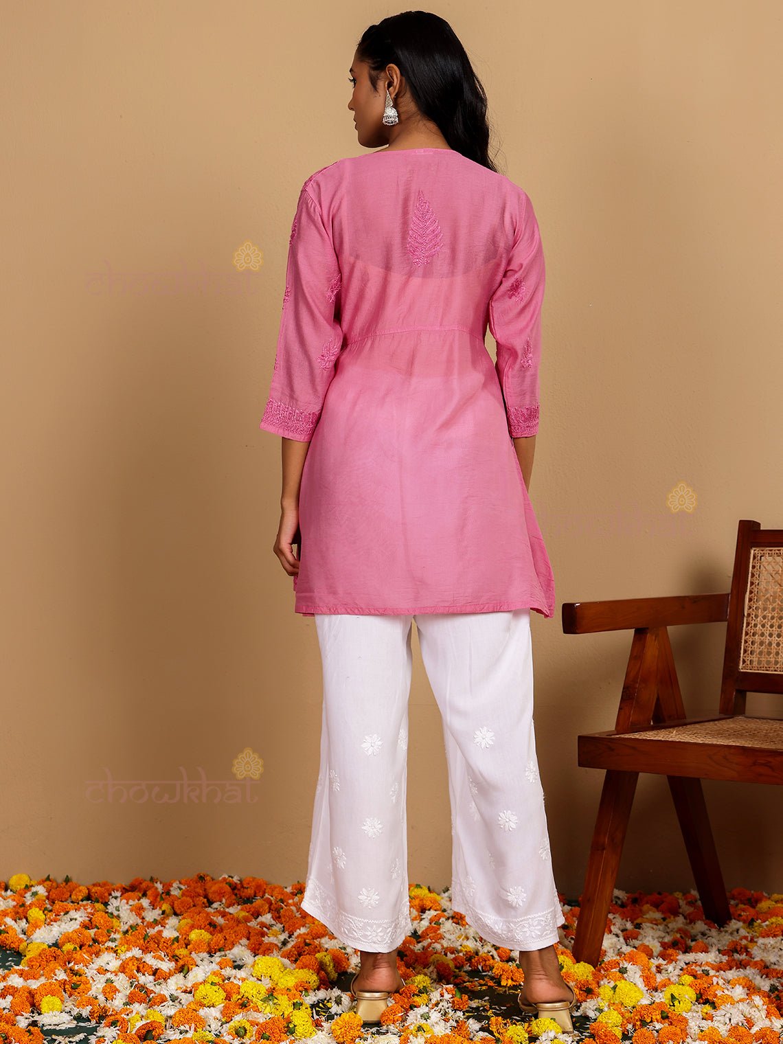 Salma Short Premium Chanderi Chikankari Kurti with Tying Knot - Chowkhat Lifestyle