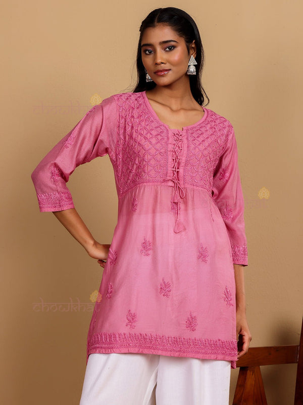 Salma Short Premium Chanderi Chikankari Kurti with Tying Knot - Chowkhat Lifestyle