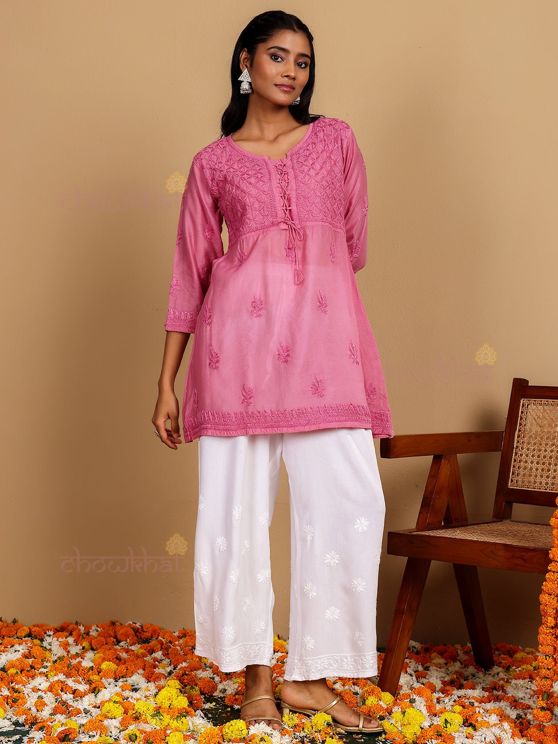 Salma Short Premium Chanderi Chikankari Kurti with Tying Knot - Chowkhat Lifestyle