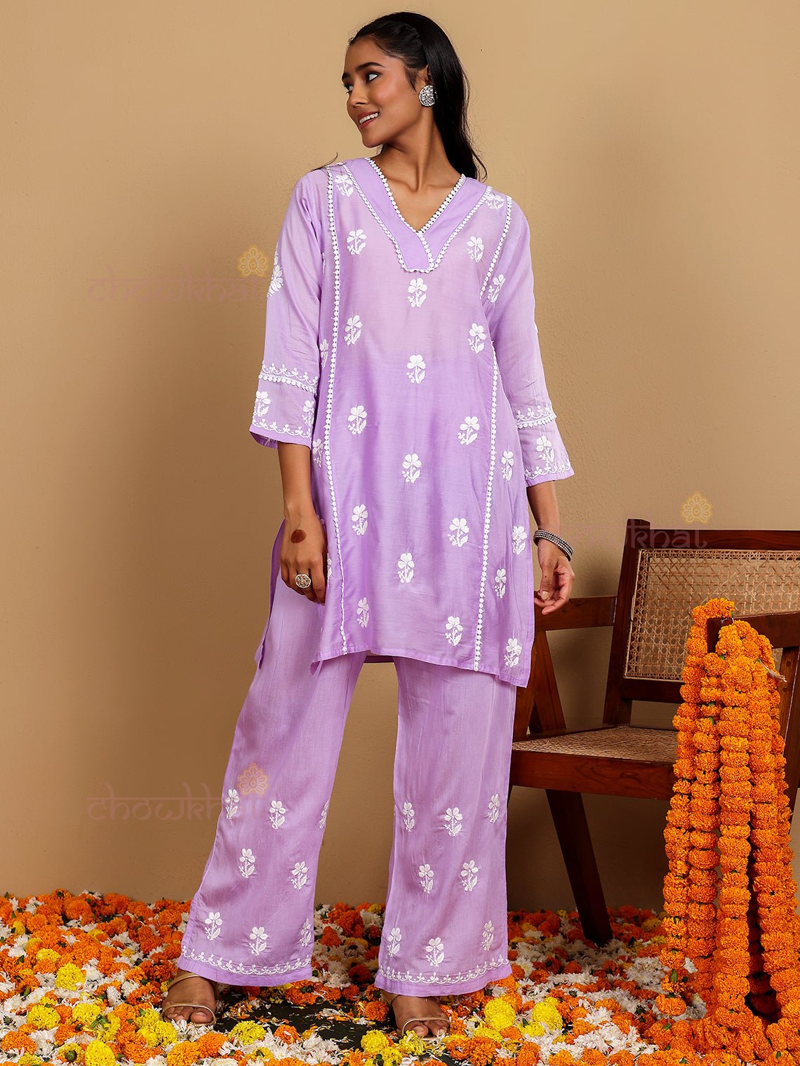 Afreen Premium Chanderi Chikankari Kurti & Palazzo Set with Lace Detaling - Chowkhat Lifestyle