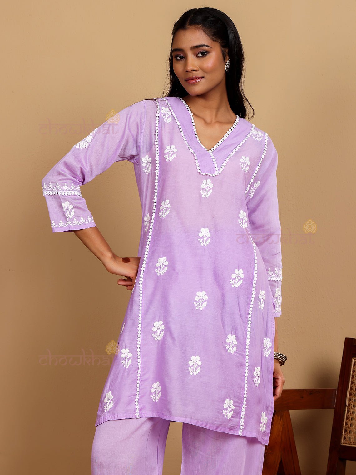 Afreen Premium Chanderi Chikankari Kurti & Palazzo Set with Lace Detaling - Chowkhat Lifestyle