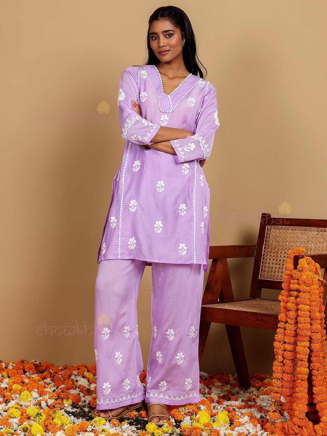 Afreen Premium Chanderi Chikankari Kurti & Palazzo Set with Lace Detaling - Chowkhat Lifestyle