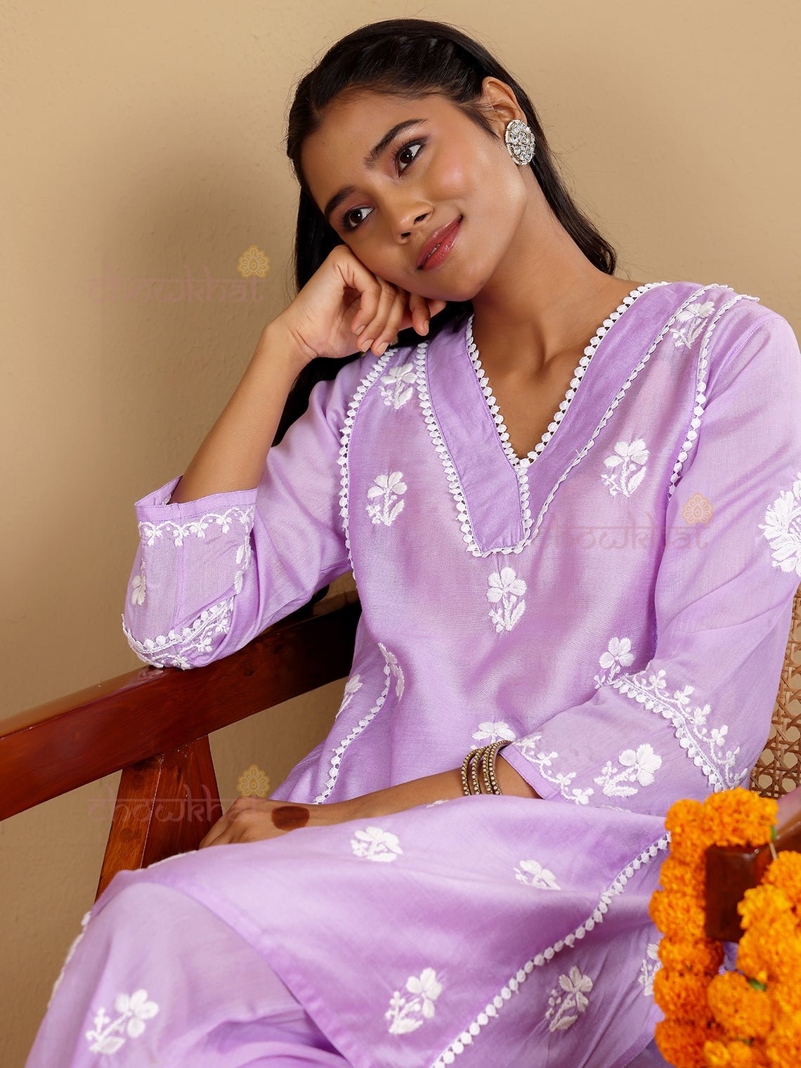 Afreen Premium Chanderi Chikankari Kurti & Palazzo Set with Lace Detaling - Chowkhat Lifestyle