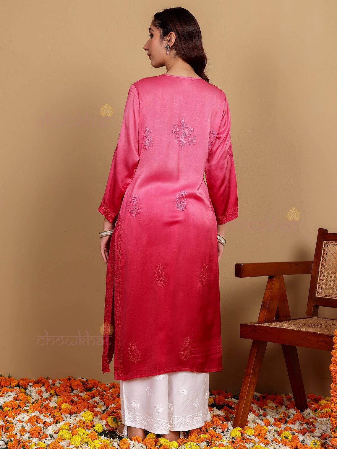 Raahi Modal Satin Premium Long Chikankari Kurti - Chowkhat Lifestyle