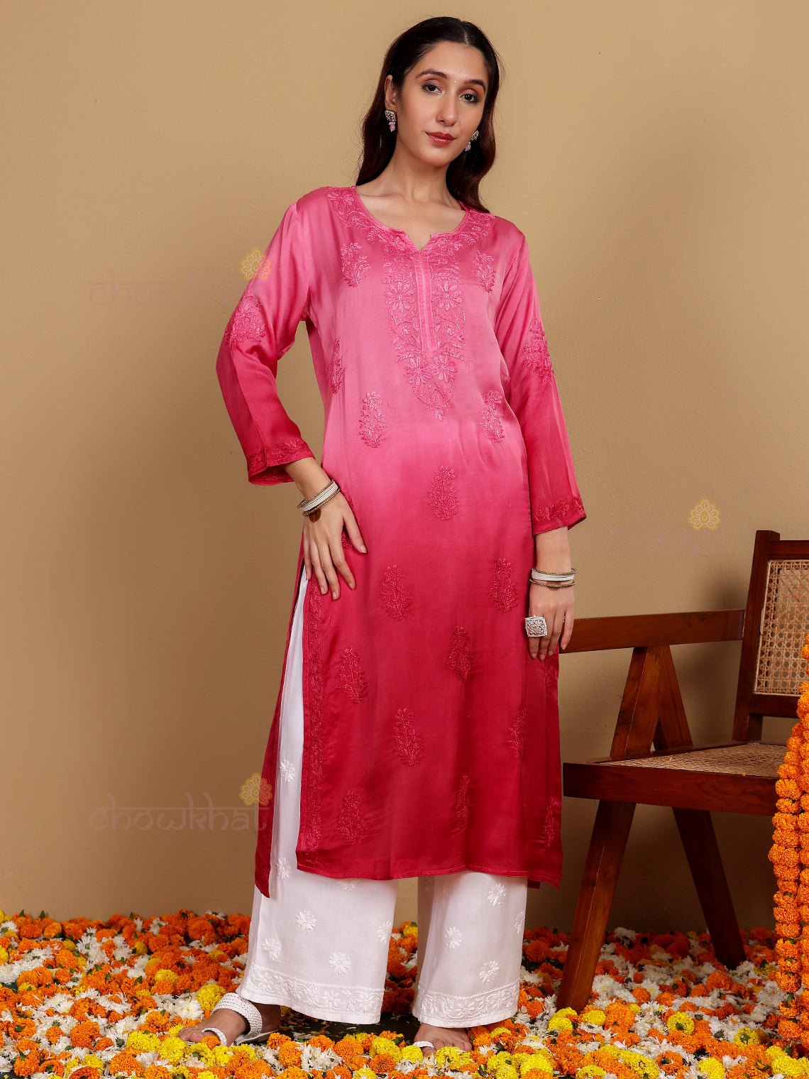 Raahi Modal Satin Premium Long Chikankari Kurti - Chowkhat Lifestyle