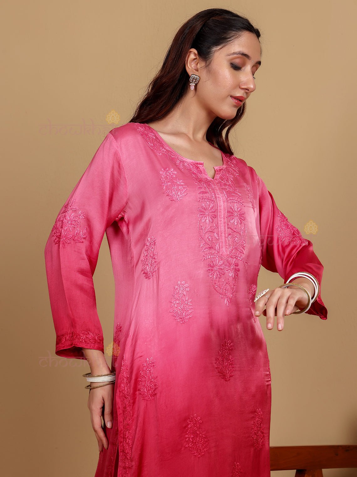 Raahi Modal Satin Premium Long Chikankari Kurti - Chowkhat Lifestyle