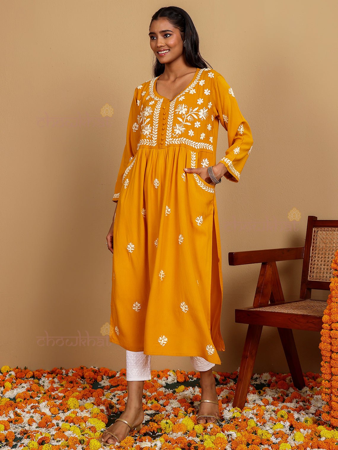 Muskaan Premium Rayon Chikankari Kurti with Pockets - Chowkhat Lifestyle