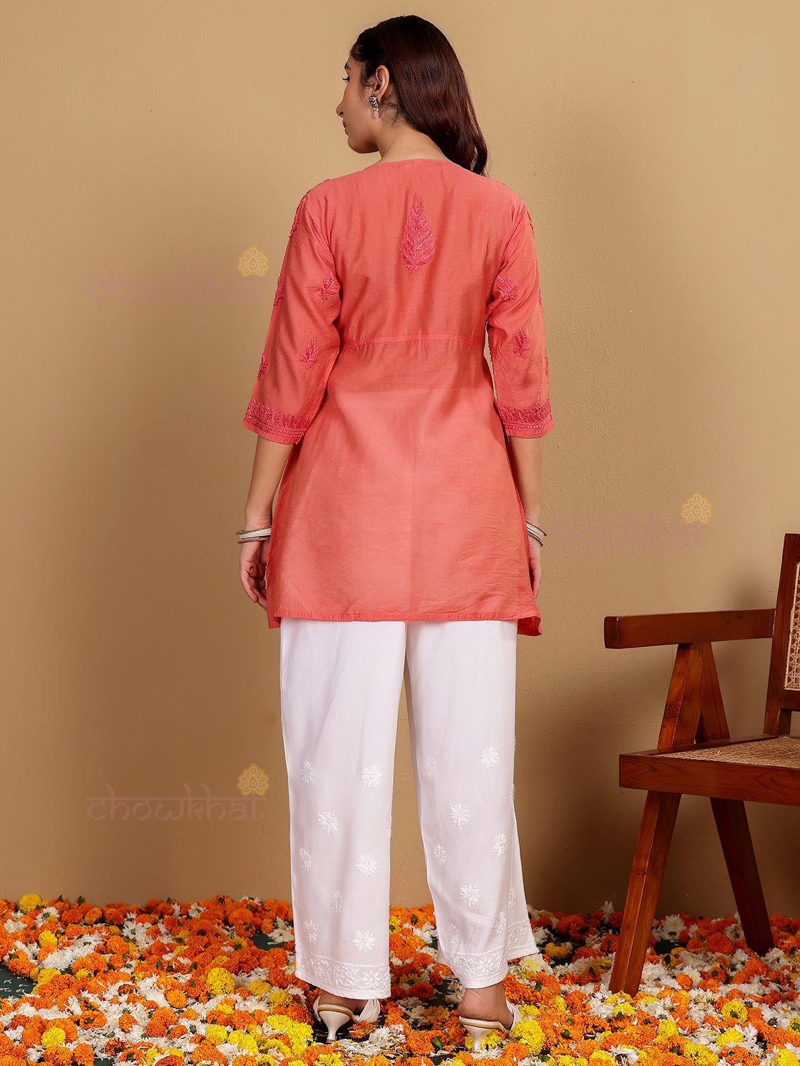 Salma Short Premium Chanderi Chikankari Kurti with Tying Knot - Chowkhat Lifestyle