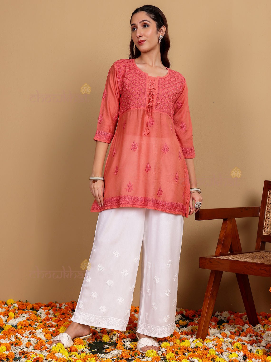 Salma Short Premium Chanderi Chikankari Kurti with Tying Knot - Chowkhat Lifestyle