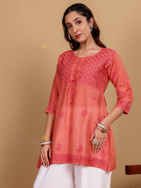 Salma Short Premium Chanderi Chikankari Kurti with Tying Knot - Chowkhat Lifestyle