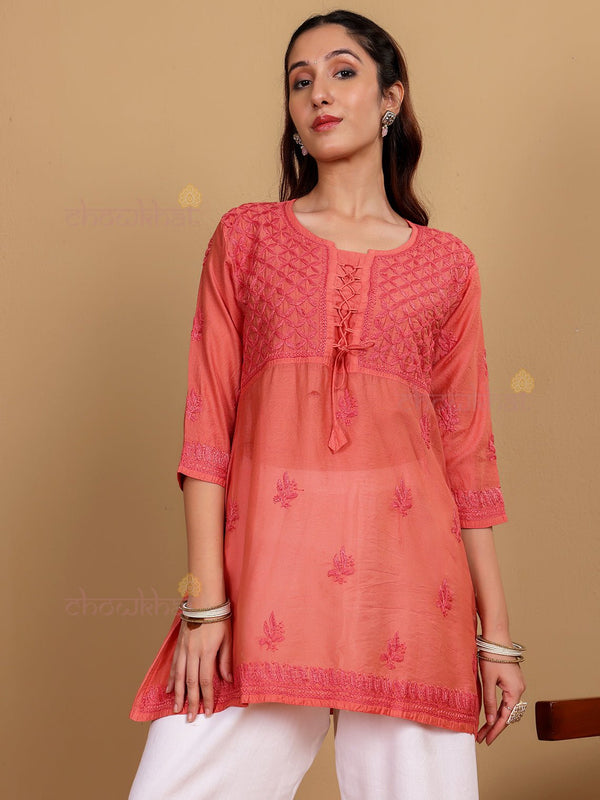 Salma Short Premium Chanderi Chikankari Kurti with Tying Knot - Chowkhat Lifestyle