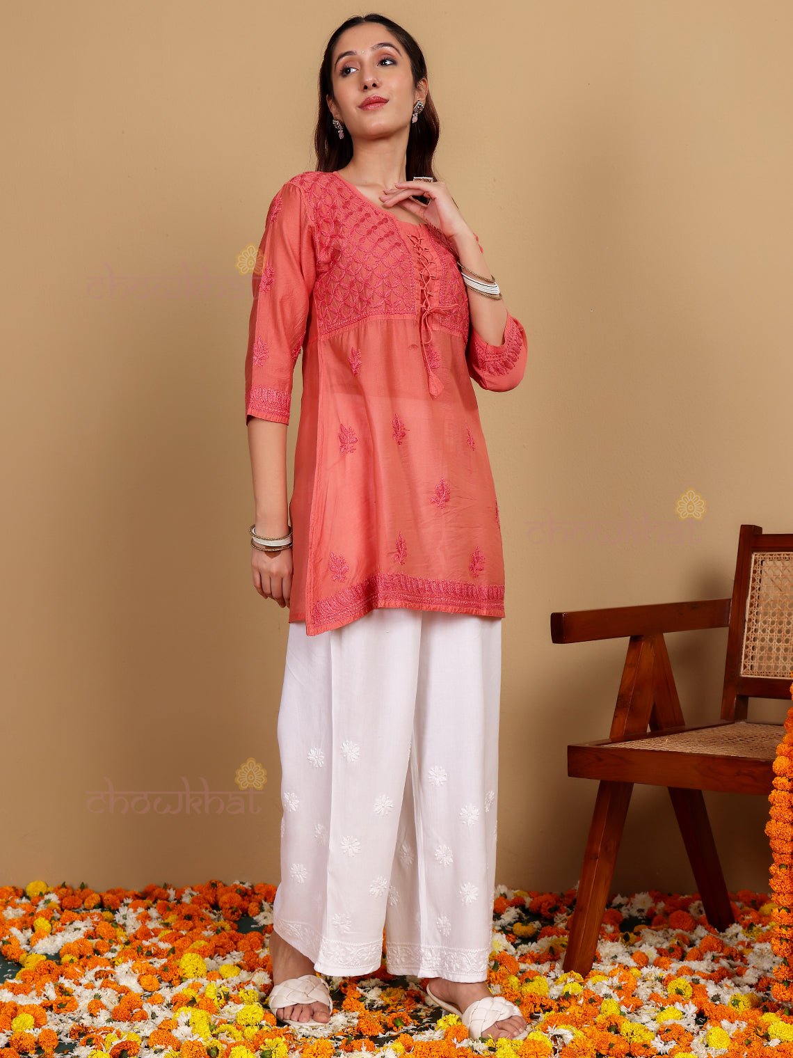 Salma Short Premium Chanderi Chikankari Kurti with Tying Knot - Chowkhat Lifestyle