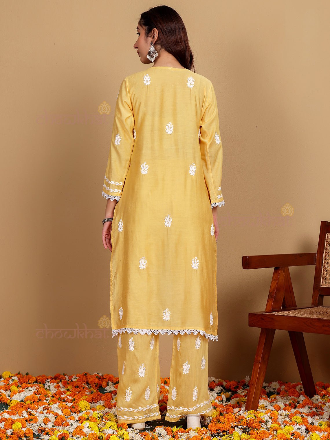 Aayat Premium Chanderi Chikankari Kurti & Palazzo Set with Lace Detaling - Chowkhat Lifestyle