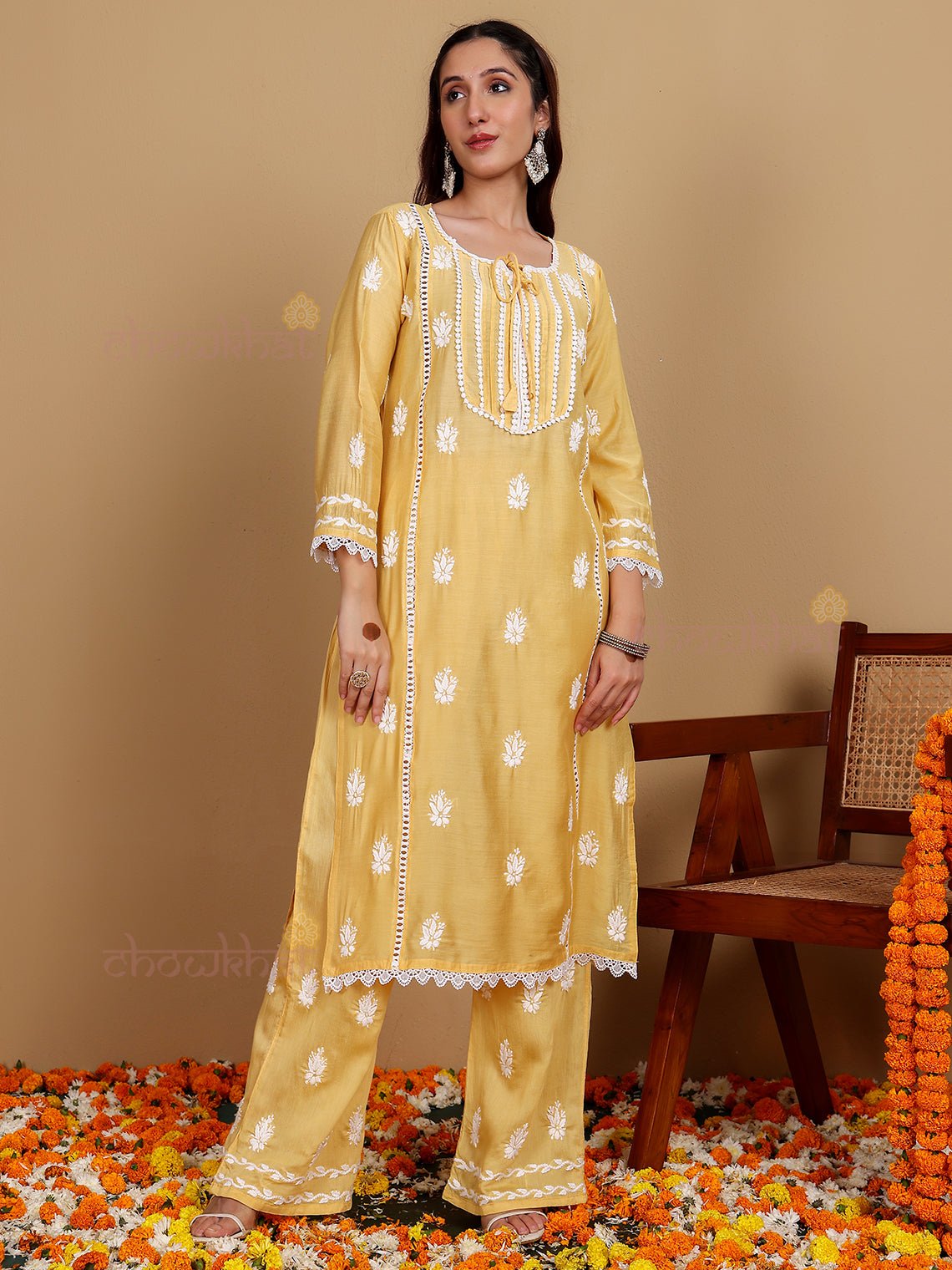 Aayat Premium Chanderi Chikankari Kurti & Palazzo Set with Lace Detaling - Chowkhat Lifestyle