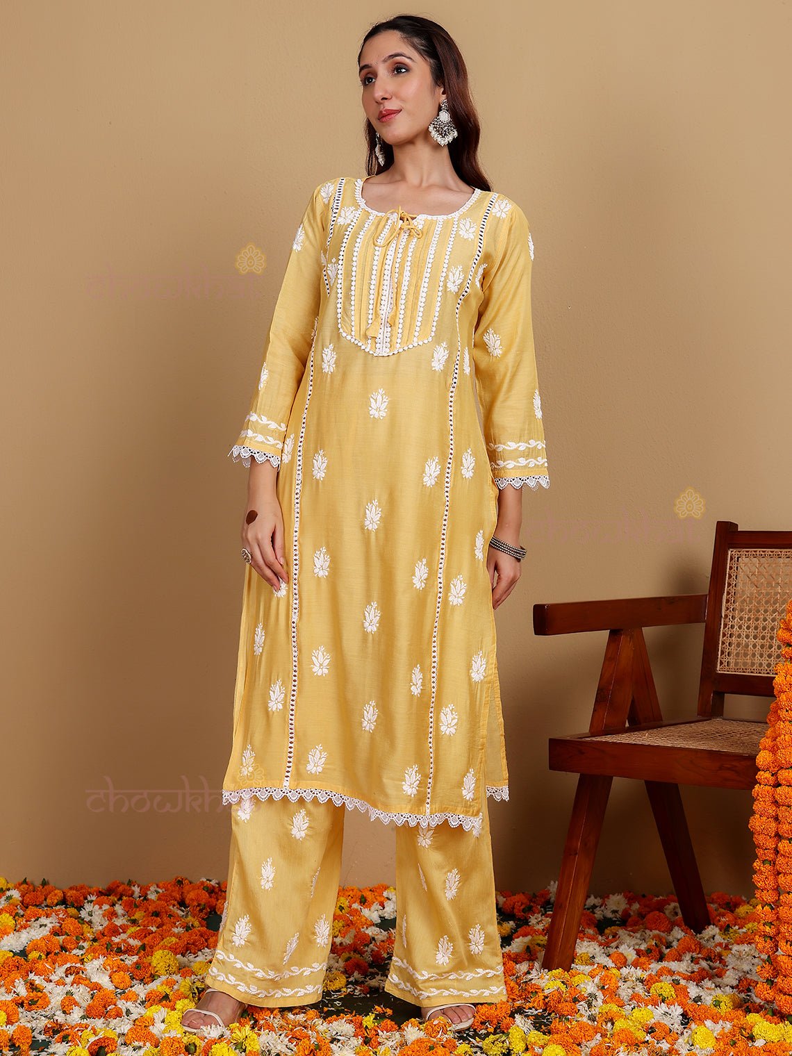 Aayat Premium Chanderi Chikankari Kurti & Palazzo Set with Lace Detaling - Chowkhat Lifestyle