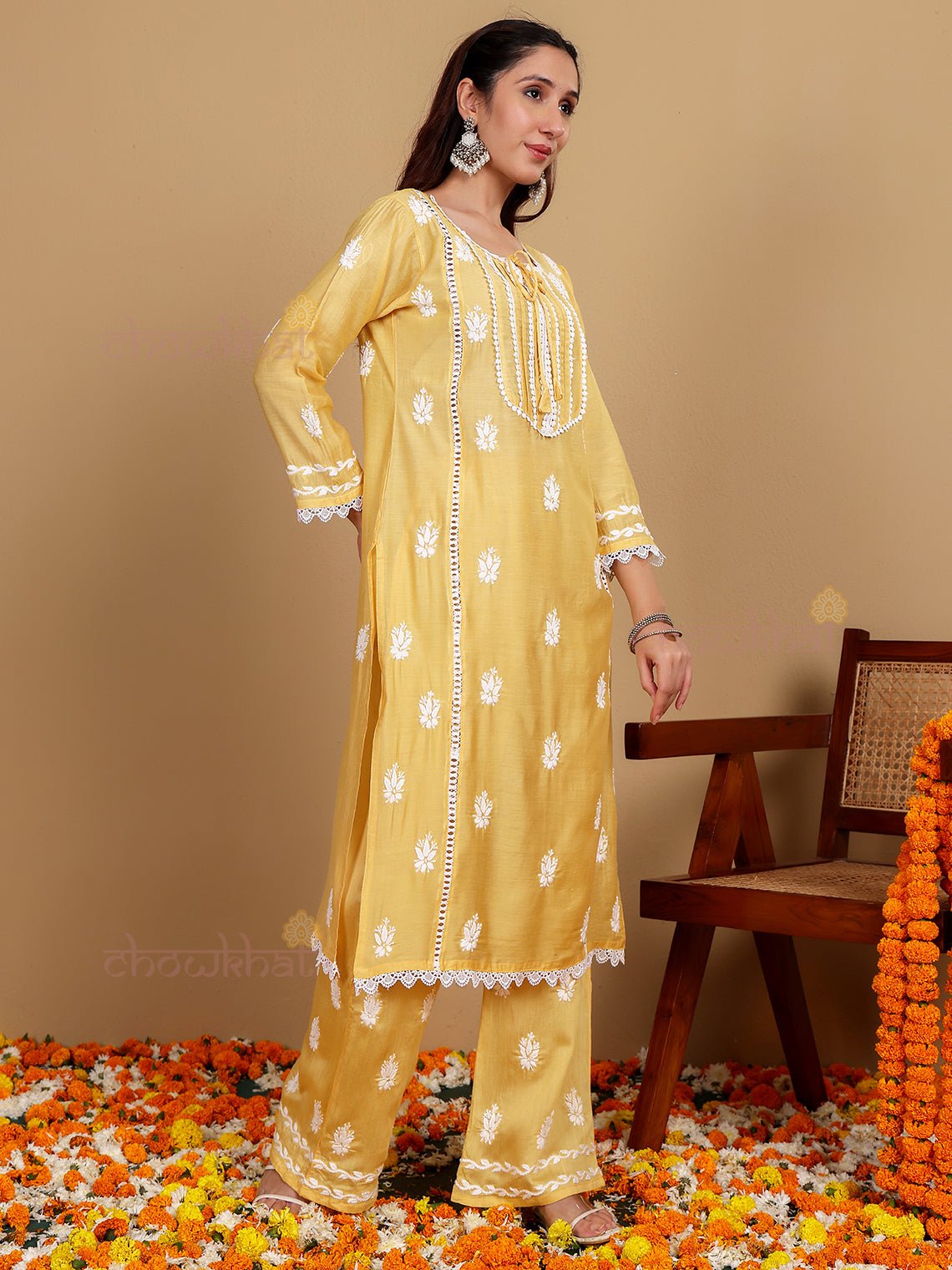 Aayat Premium Chanderi Chikankari Kurti & Palazzo Set with Lace Detaling - Chowkhat Lifestyle