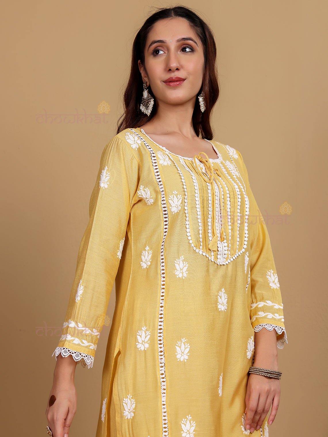 Aayat Premium Chanderi Chikankari Kurti & Palazzo Set with Lace Detaling - Chowkhat Lifestyle