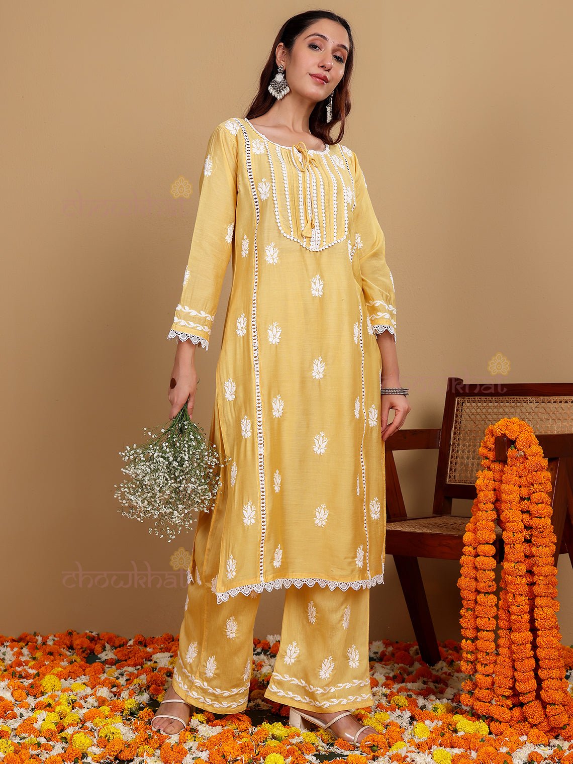 Aayat Premium Chanderi Chikankari Kurti & Palazzo Set with Lace Detaling - Chowkhat Lifestyle