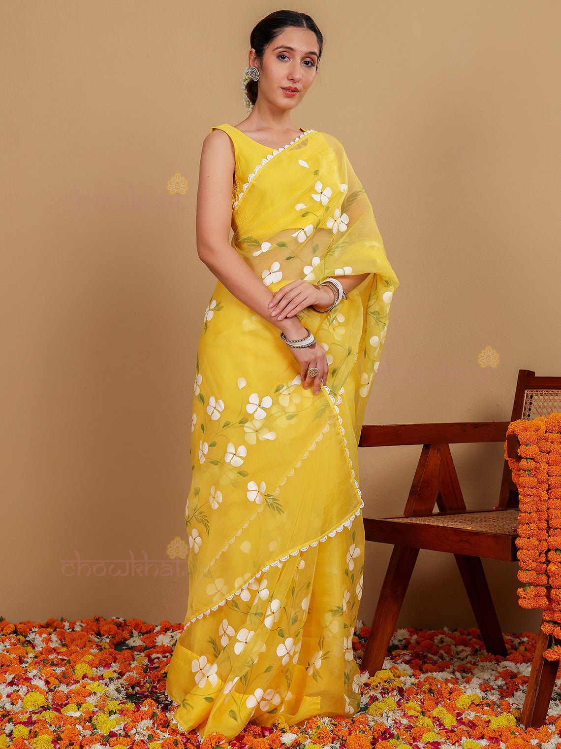 Basant Hand Painted Premium Organza Saree - Chowkhat Lifestyle