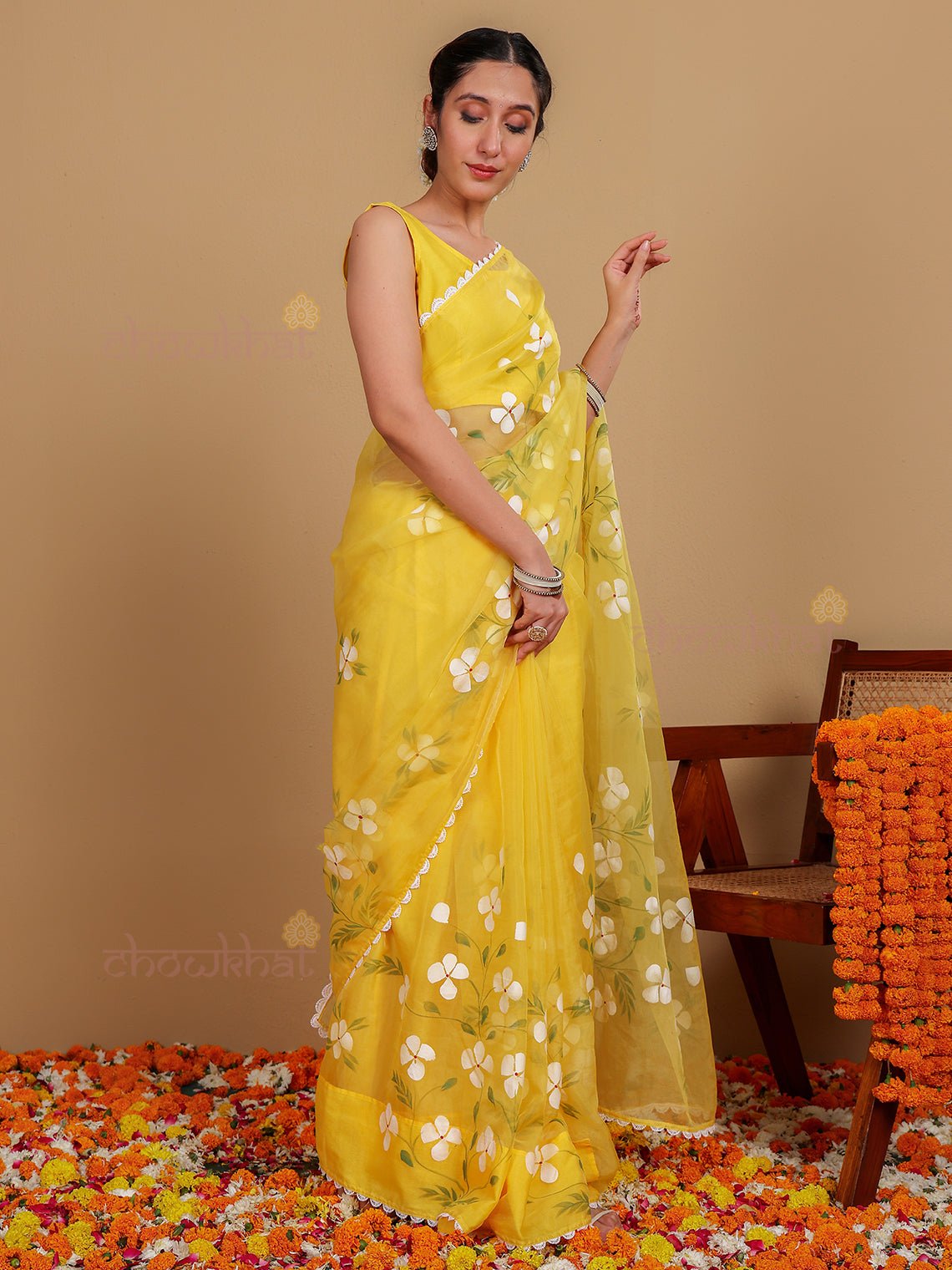 Basant Hand Painted Premium Organza Saree - Chowkhat Lifestyle