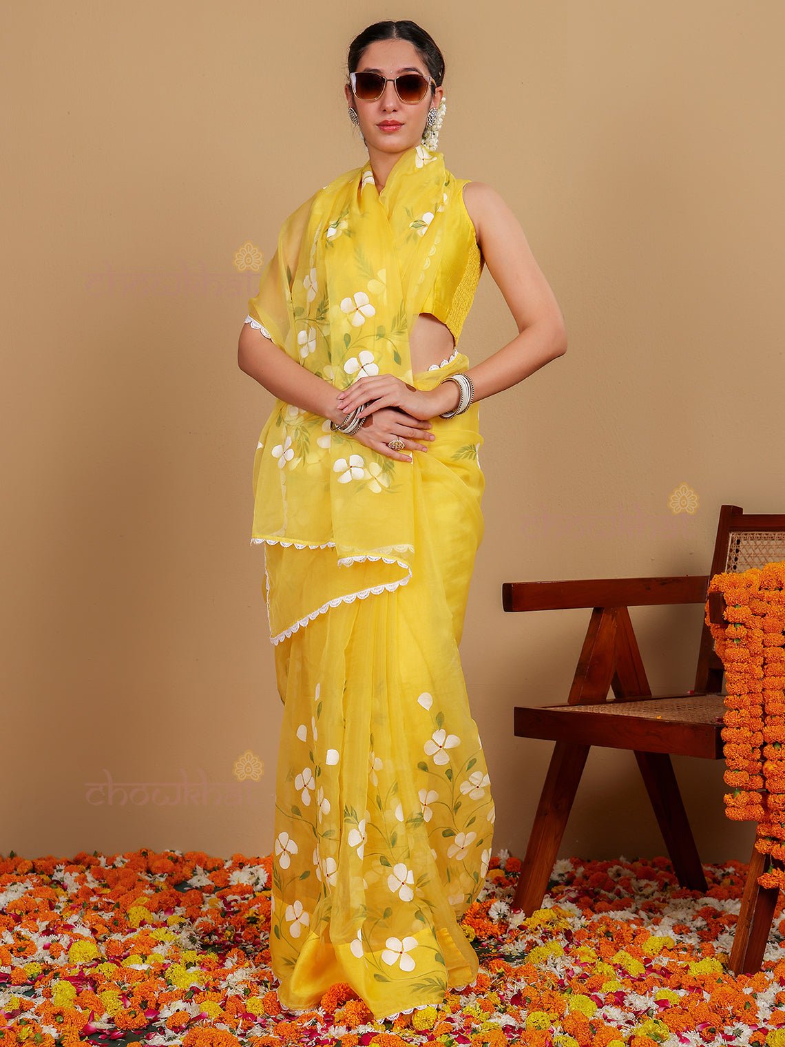 Basant Hand Painted Premium Organza Saree - Chowkhat Lifestyle