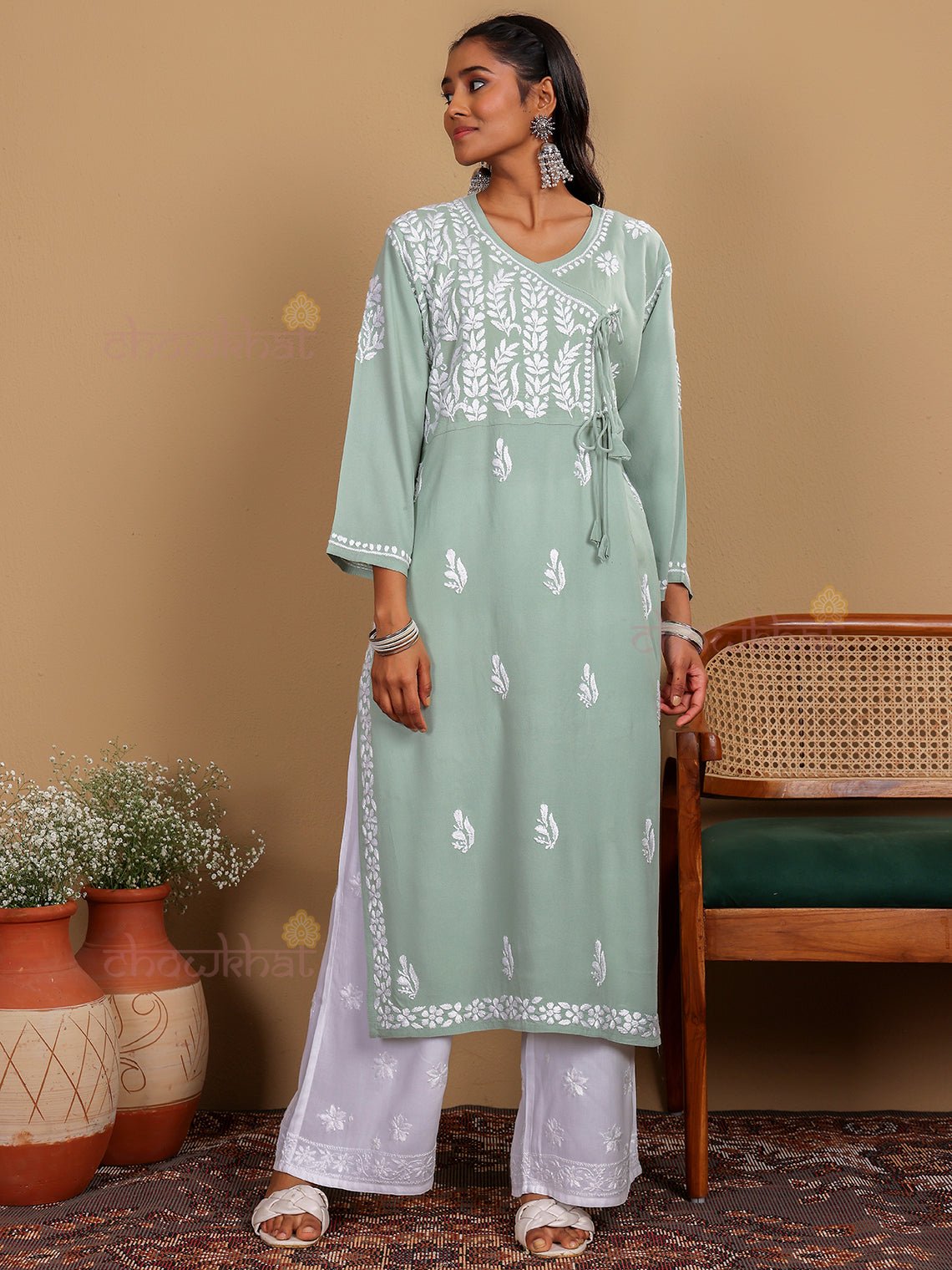 Eshana Angrakha Rayon Chikankari Kurti - Chowkhat Lifestyle