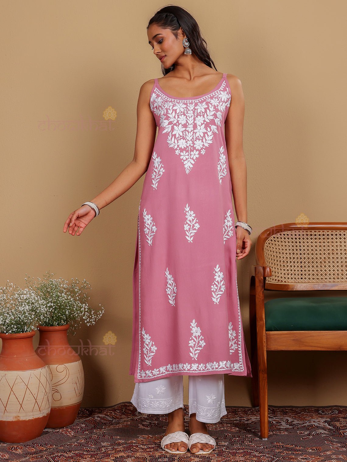 Ryna Long Rayon Chikankari Kurti - Chowkhat Lifestyle