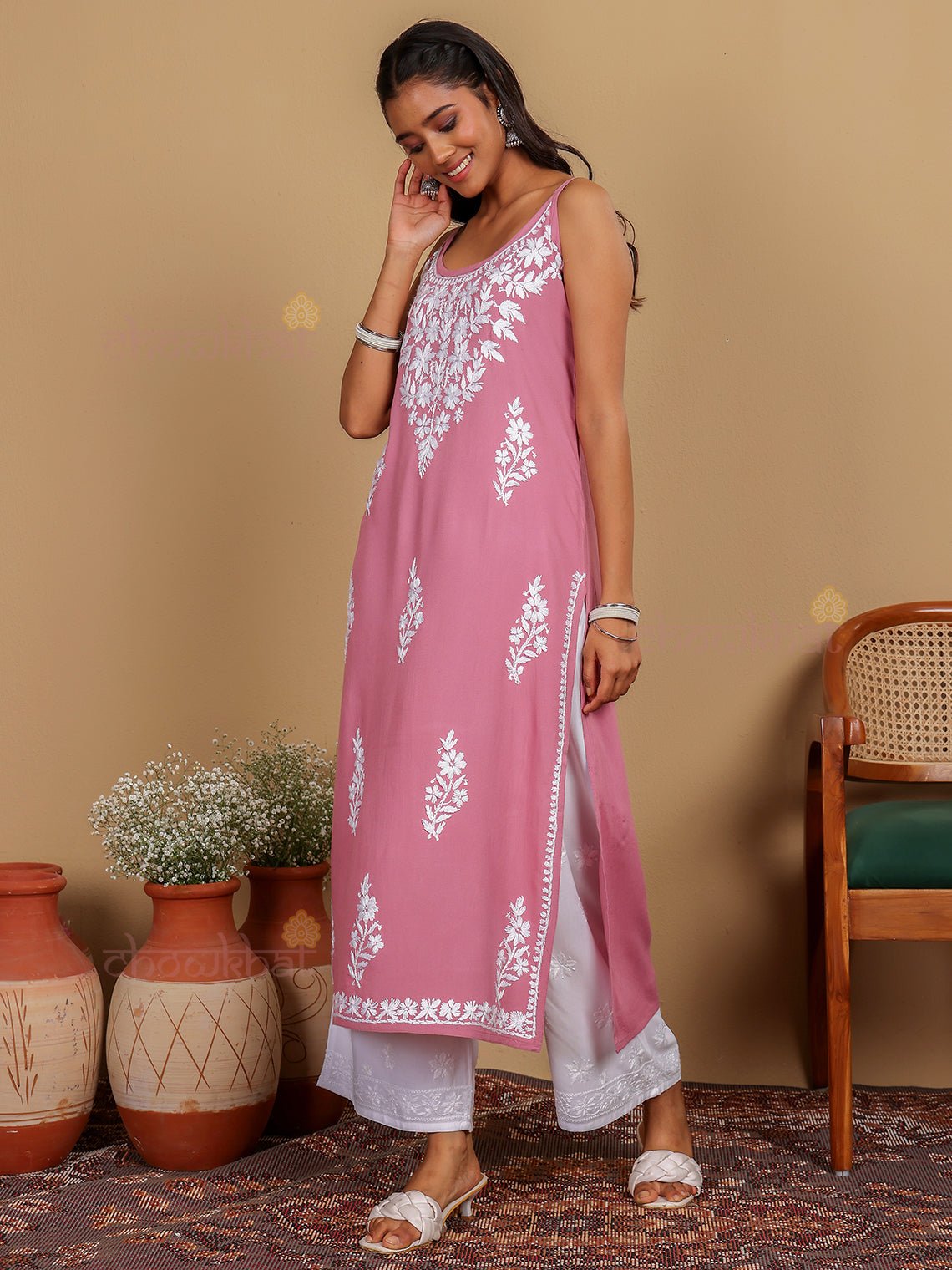 Ryna Long Rayon Chikankari Kurti - Chowkhat Lifestyle