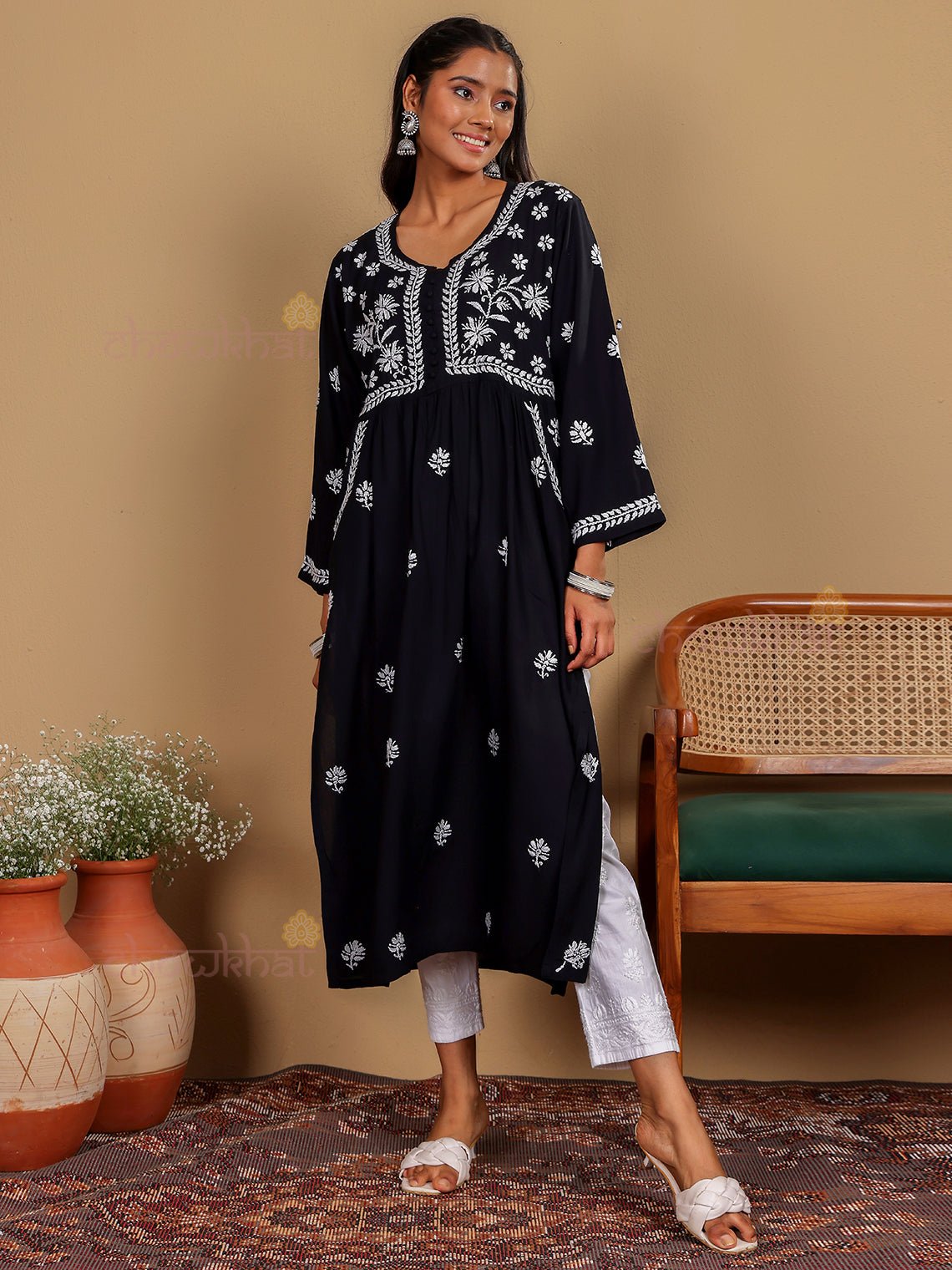 Muskaan Premium Rayon Chikankari Kurti with Pockets - Chowkhat Lifestyle