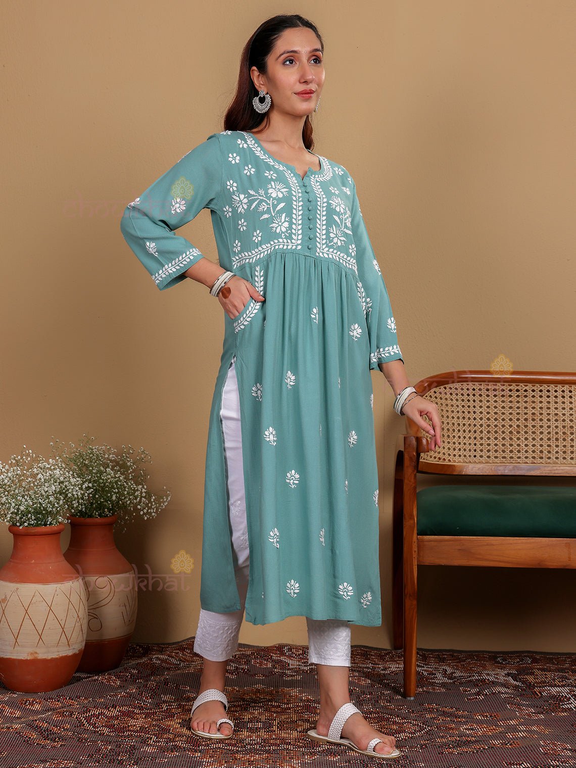 Muskaan Premium Rayon Chikankari Kurti with Pockets - Chowkhat Lifestyle