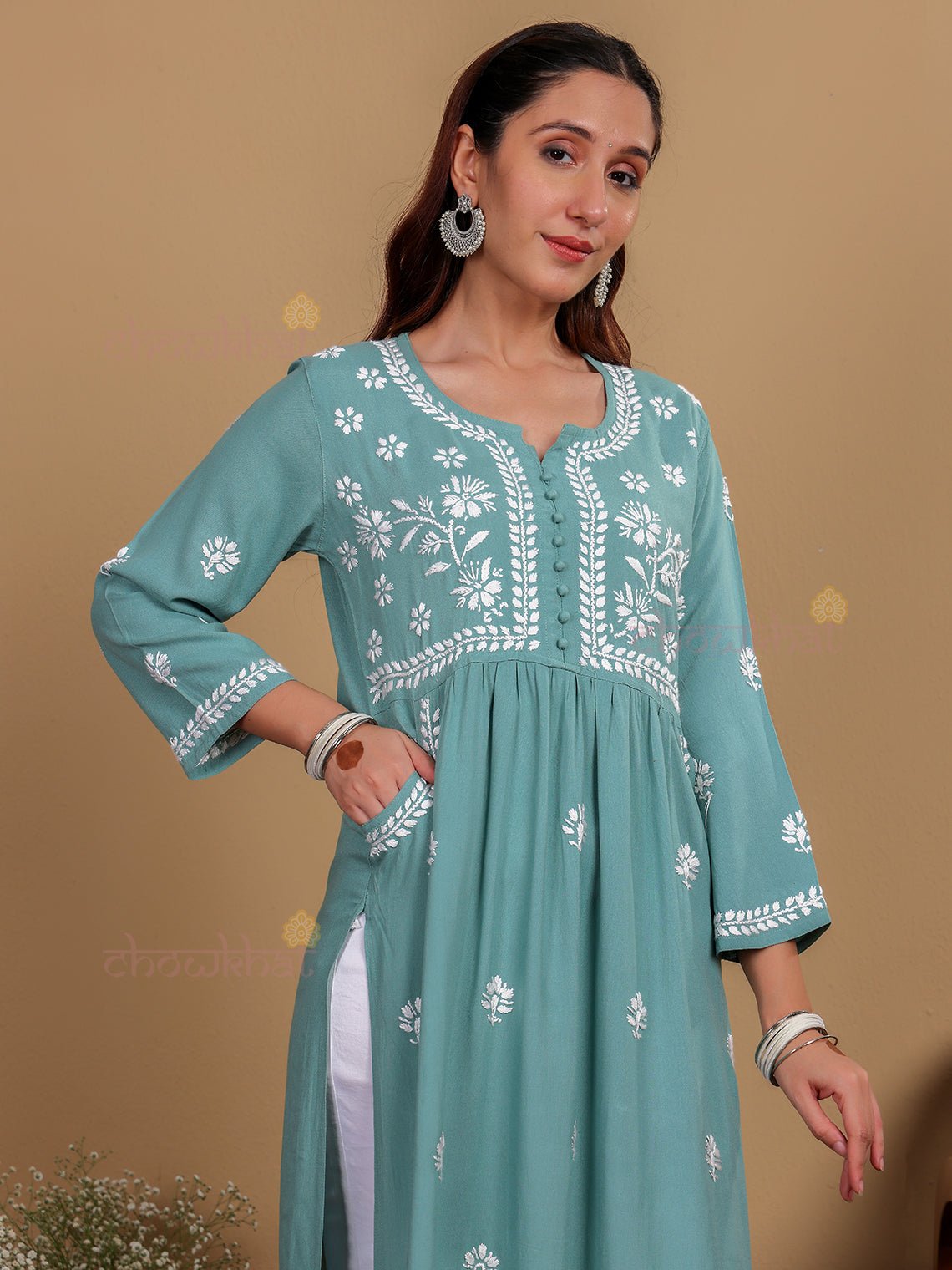 Muskaan Premium Rayon Chikankari Kurti with Pockets - Chowkhat Lifestyle