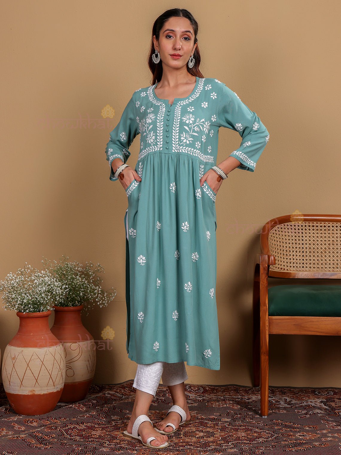 Muskaan Premium Rayon Chikankari Kurti with Pockets - Chowkhat Lifestyle