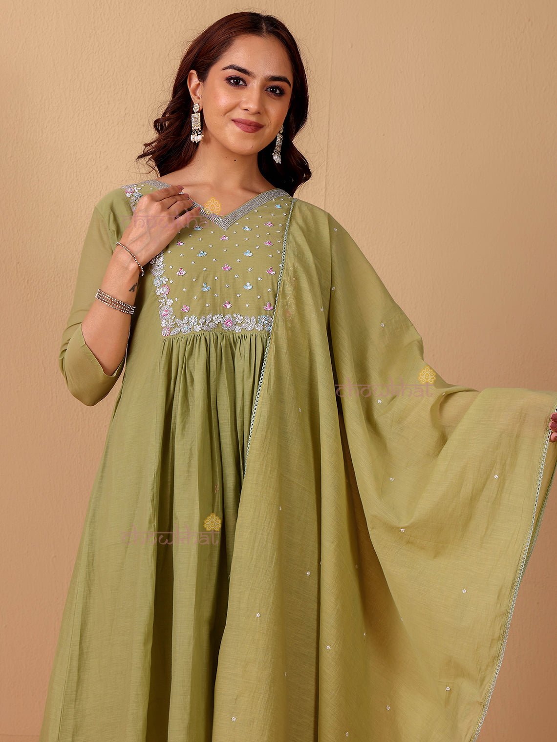 Rhea Mul Chanderi 3 Piece Nyra Style Stitched Suit Set with Adda Work - Chowkhat Lifestyle