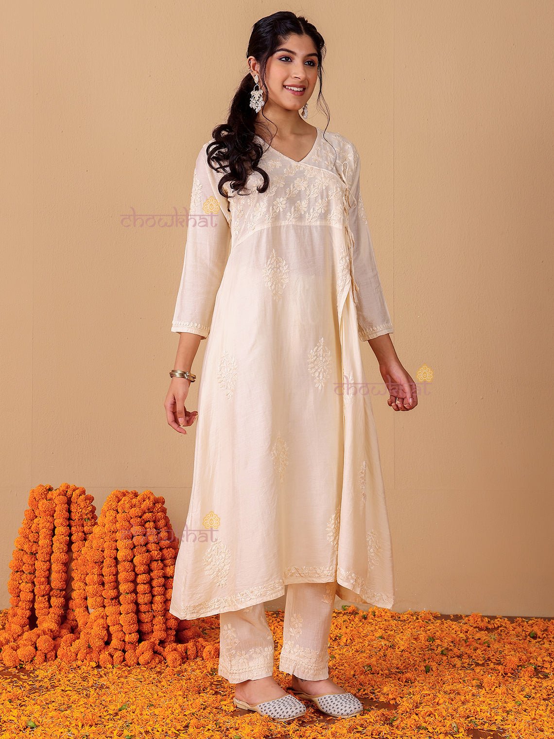 Hiba Angrakha Chanderi Chikankari Kurti & Palazzo Set - Chowkhat Lifestyle
