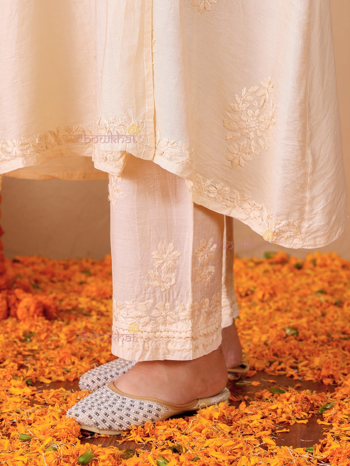 Hiba Angrakha Chanderi Chikankari Kurti & Palazzo Set - Chowkhat Lifestyle