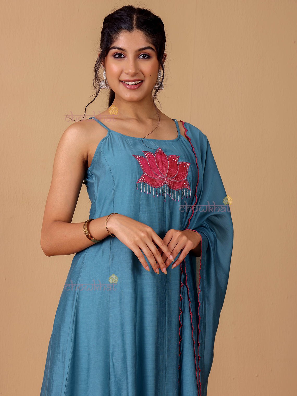 Padma Mul Chanderi 3 Piece Strappy Stitched Suit Set with Adda Work - Chowkhat Lifestyle