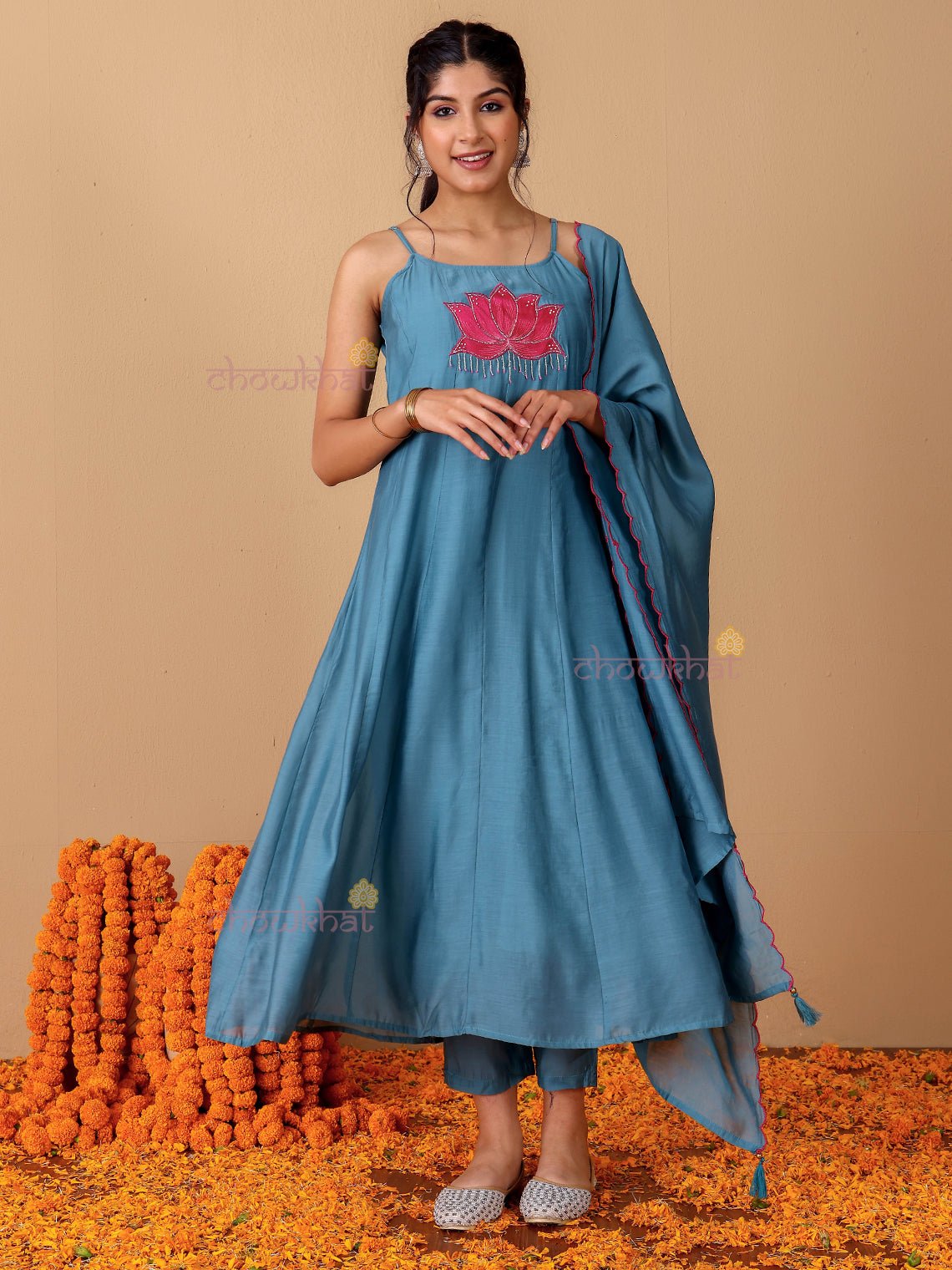 Padma Mul Chanderi 3 Piece Strappy Stitched Suit Set with Adda Work - Chowkhat Lifestyle