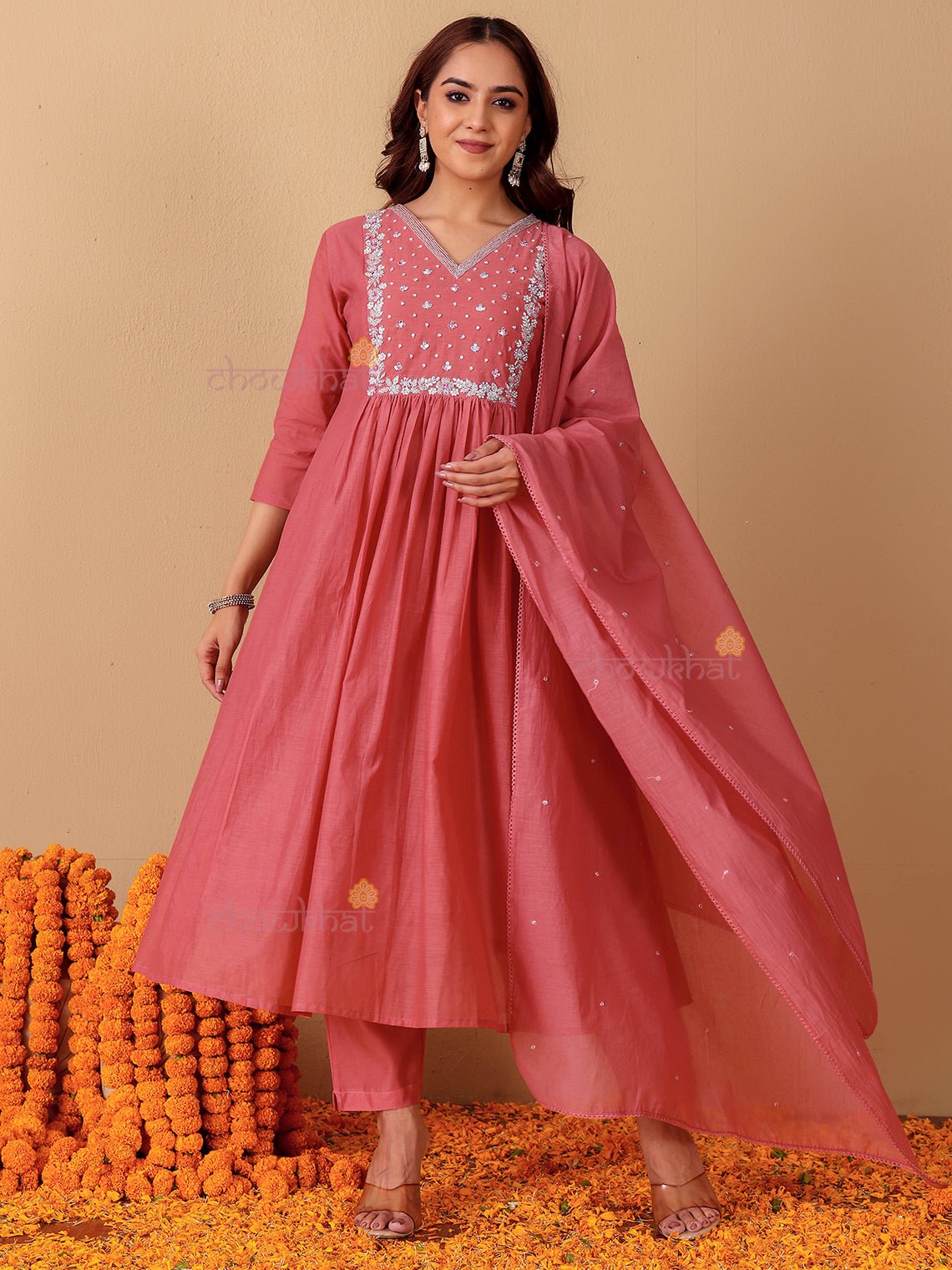 Rhea Mul Chanderi 3 Piece Nyra Style Stitched Suit Set with Adda Work - Chowkhat Lifestyle