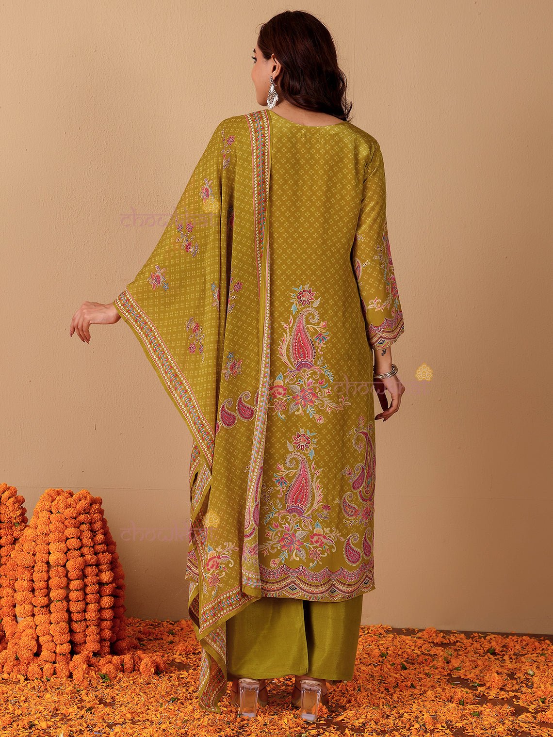 Chaand Printed 3 Piece Stitched Suit Set with Mirror work - Chowkhat Lifestyle
